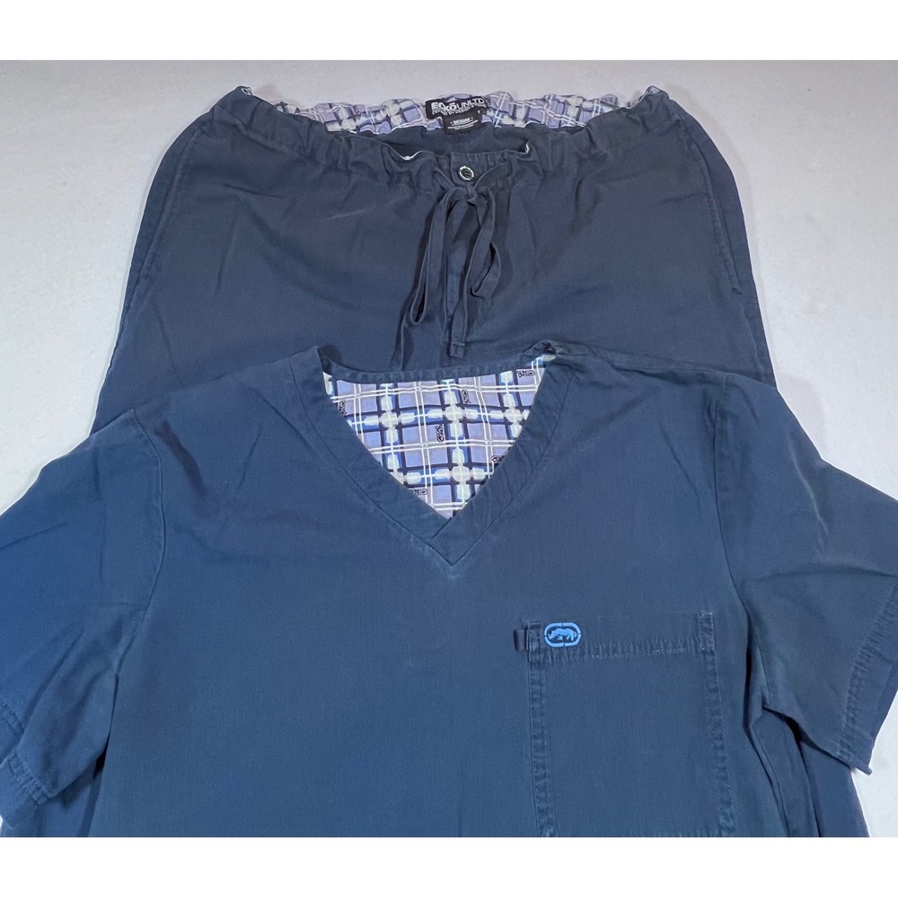 Ecko Unltd Mens Scrub Set Navy Blue V-Neck Top Drawstring Pants Medium Rhino